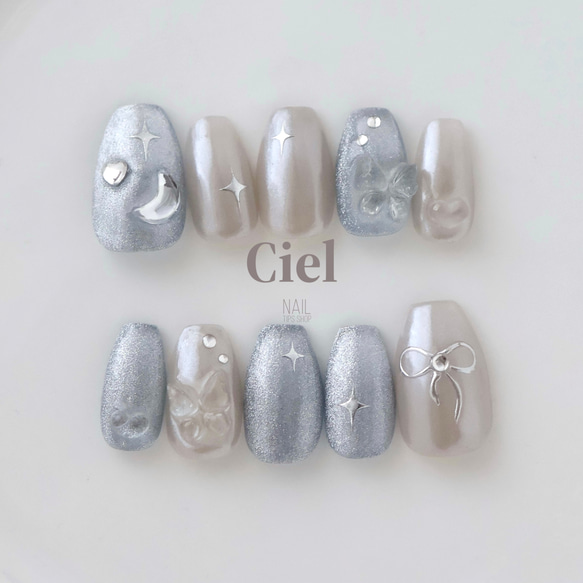 サイズオーダー】nailtip リボンネイル マグネットネイル 水色ネイル