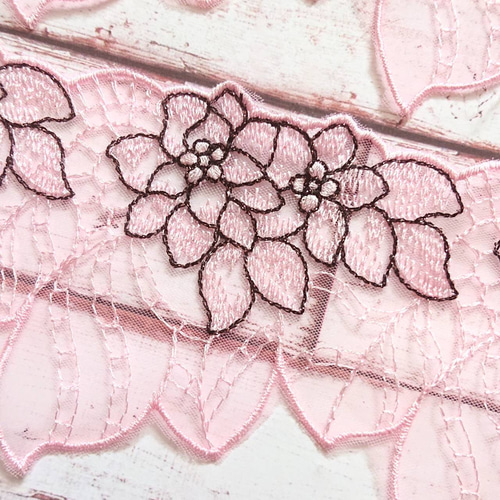 2m チュールレース お花刺繍レース モチーフレース 黒×薄ピンク レース