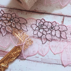 2m チュールレース お花刺繍レース モチーフレース 黒×薄ピンク レース