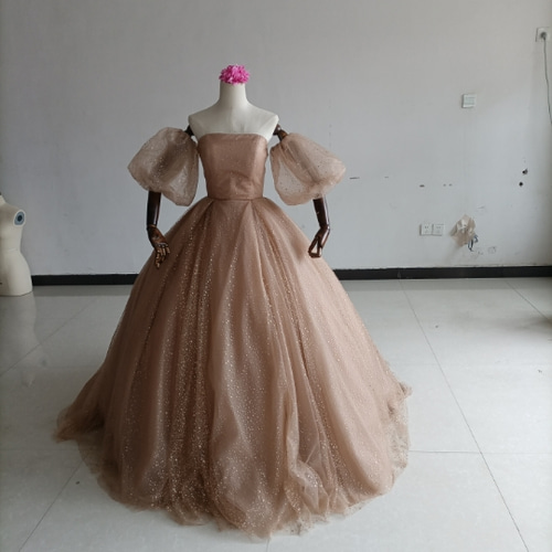 カラードレス シャンパン色 ベアトップ 編み上げ シースルー袖  