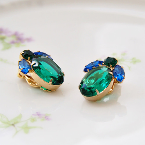 ヴィンテージジュエリー】Unsigned ゴールドトーン グリーン＆ブルー  