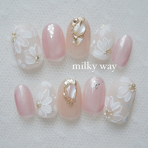 No.22ピンクマグネット×フラワーネイル オーダーネイルチップ 成人式