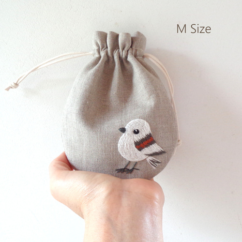 皇帝ペンギンさんの刺繍ミニリネン巾着【受注生産】 巾着袋 Heart