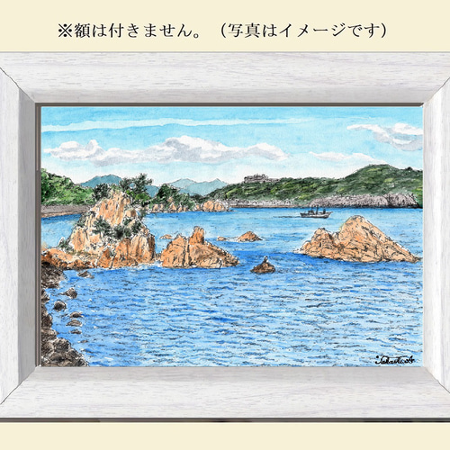 原画一点物 「波に削られた岩が並び立つ海岸」 ＜ペンスケッチ＋