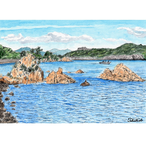 原画一点物 「波に削られた岩が並び立つ海岸」 ＜ペンスケッチ＋透明
