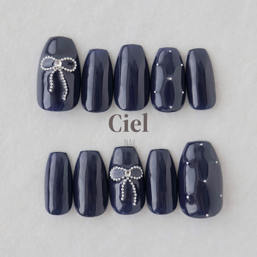 サイズオーダー】nailtip ネイビーネイル リボンネイル シンプルネイル