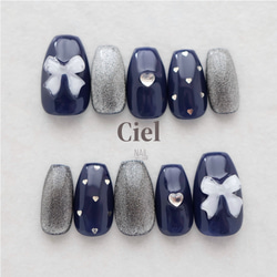 ネイルチップ オーダー マグネット ミラー ぷっくりハート メタルリボン 韓国 ネイルチップ オーダー マグネット ミラー ぷっくりハート