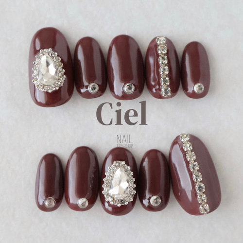 サイズオーダー】ネイルチップ ビジューネイル ボルドーネイル ちゅる  