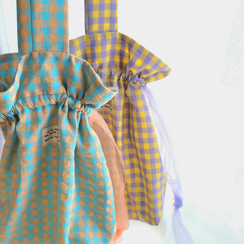 巾着バッグ トートバッグ】ギンガムチェック 絶妙カラー 韓国生地