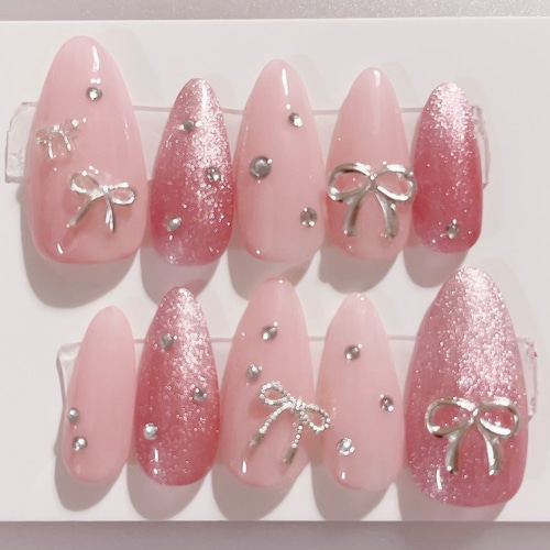 ♡ネイルチップ♡ リボン ピンク マグネット ワンホン シンプル  