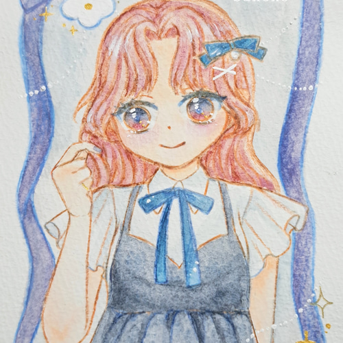 手描きイラスト アナログ セット 夏の思い出と少し伸びた髪(アナログイラスト/原画) イラスト Sakeko