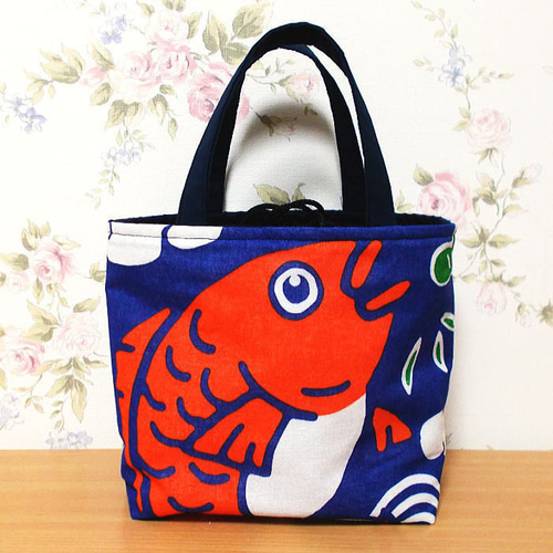 和柄巾着ミニトートバッグ めで鯛 縁起物 底板付き ハンドメイド  