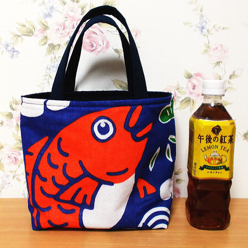 和柄巾着ミニトートバッグ めで鯛 縁起物 底板付き ハンドメイド 