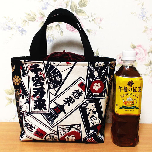 和柄巾着ミニトートバッグ 千社札 家紋 底板付き ハンドメイド