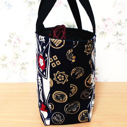 和柄巾着ミニトートバッグ 千社札 家紋 底板付き ハンドメイド バッグ