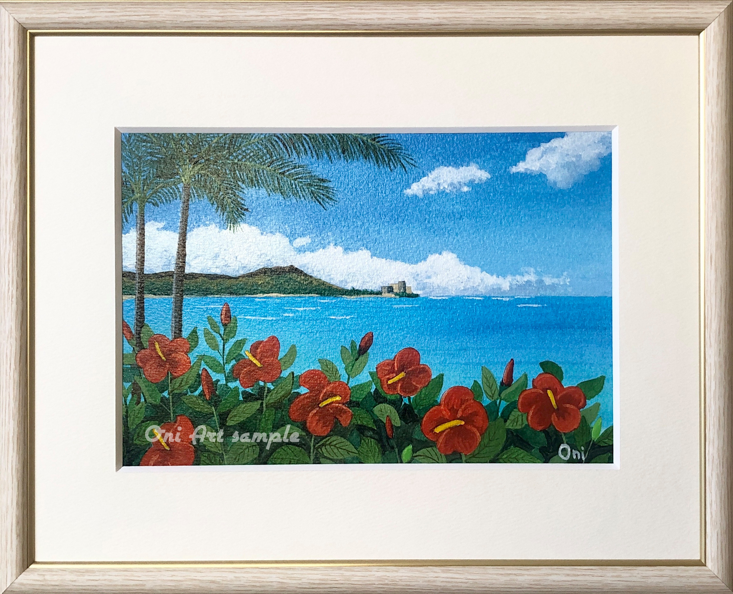 アクリル画 原画 「オアフの休日」額縁付 SMサイズ 風景画 オアフの