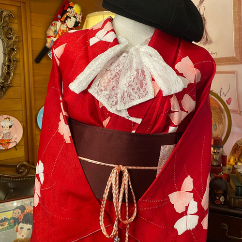 彩　着物リメイク♪ 化繊着物から華やかタックワンピース❣️ワインカラー 彩 着物リメイク♪ 化繊着物から華やかタックワンピース❣️ワインカラー