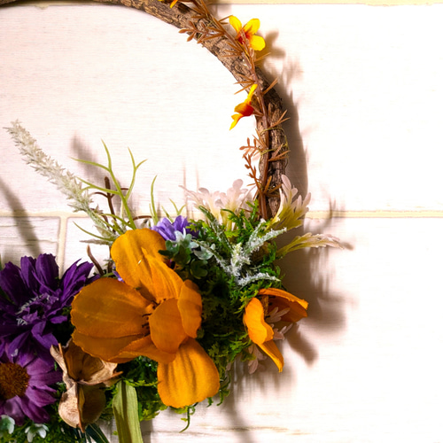 玄関リース 9月の誕生花 イエローコスモスリース 大き目リース ニッチ