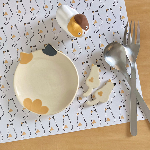 秋の福袋 小皿1と箸置2個＋張り子セット 「三毛猫セット」 中皿