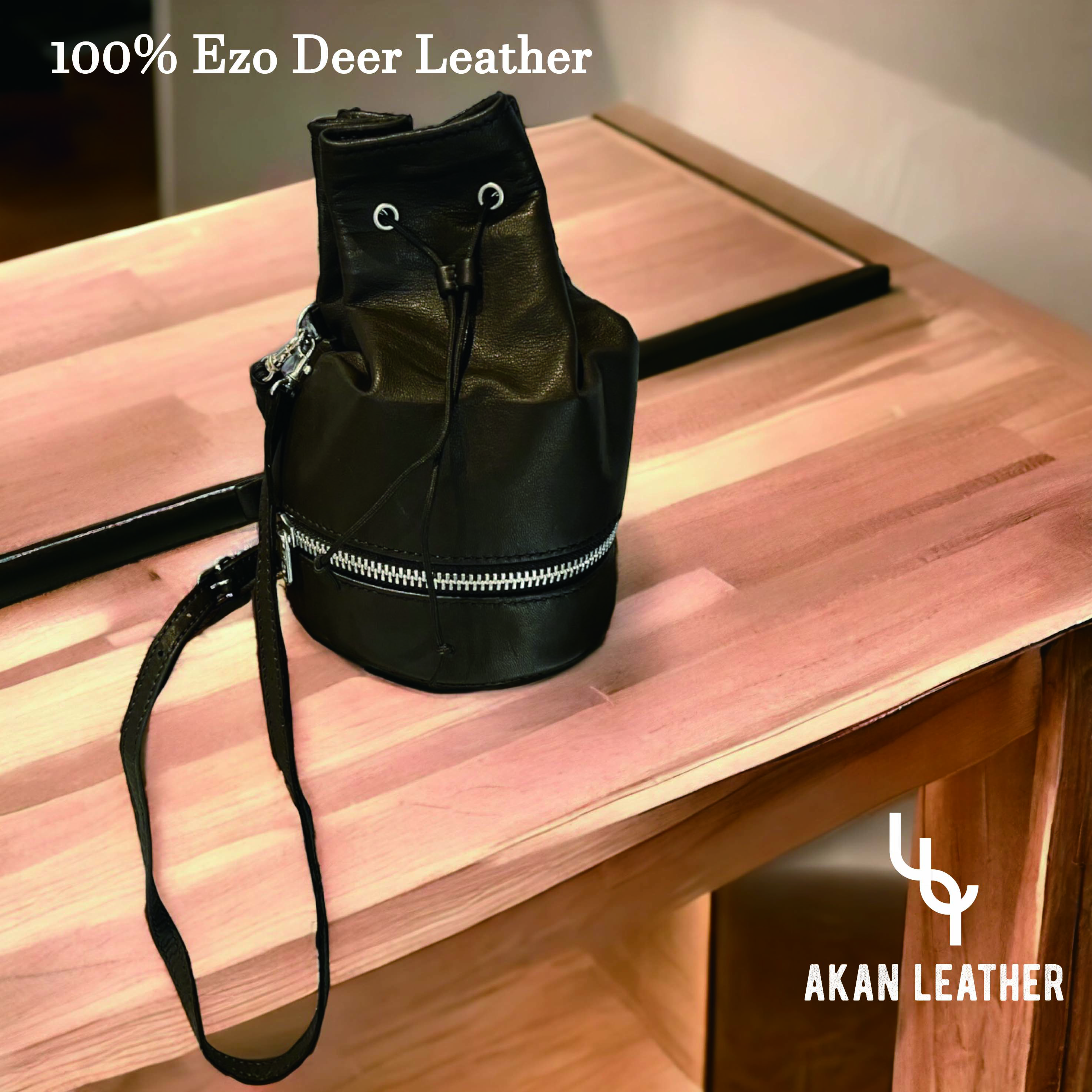 巾着レザーバッグ（茶）　AKAN LEATHER