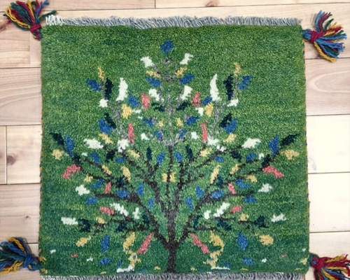 ペルシャ ギャッベ ミニマット 38x40cm 生命の木 緑色 T1657sF3