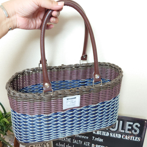 20％OFF＊クラフトバンド＊かごバッグLL/掛け編みブラウン×ネイビー