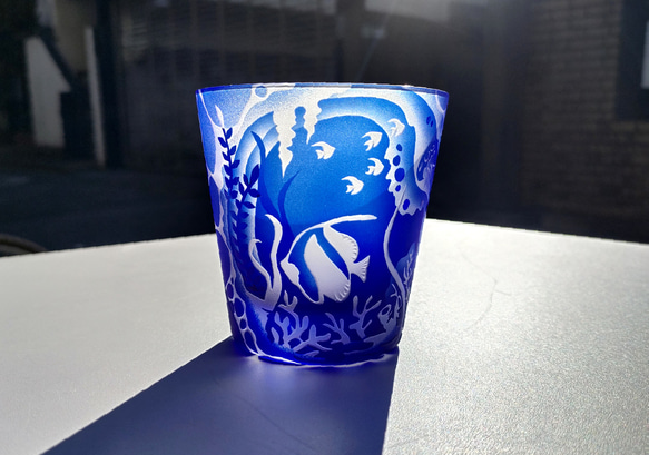 受注制作】- 沈む海 - グラスタンブラー サンドブラスト ギフト 青い