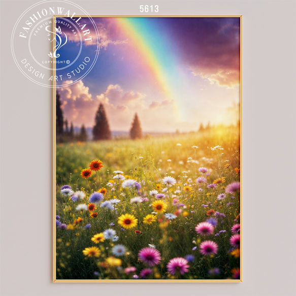 アートポスター 虹と花畑 レインボー 自然風景 癒しインテリア 北欧風