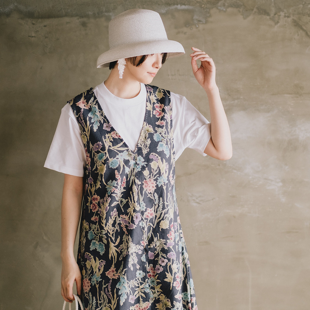 ハーフリネン Vネック ジャンパースカート ジャンバースカート ワンピース ボタニカル 花柄 ネイビー
