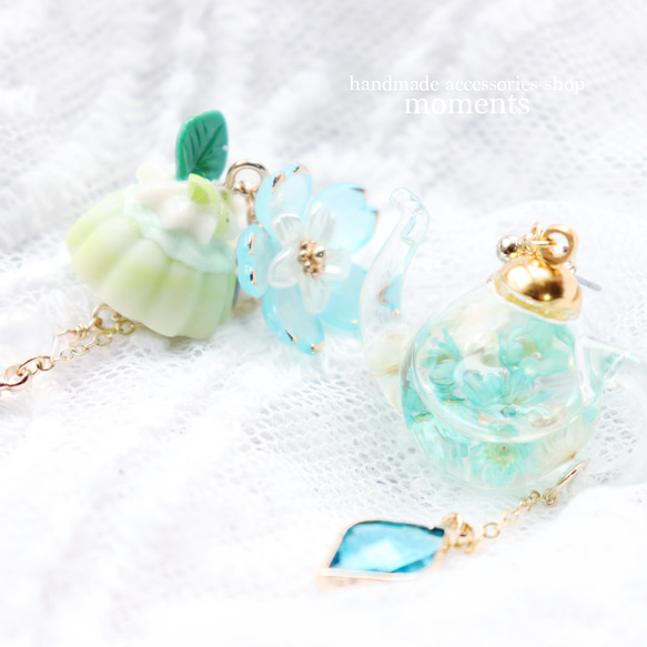 アフタヌーンティー　かわいいティーポットピアス お花とデザートき 4枚目の画像