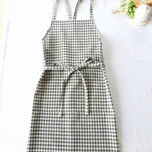 綿麻ギンガムチェックバッククロスエプロン ベージュ エプロン lire