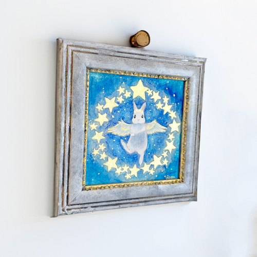 星の輪」 /日本画 原画 アンティーク インテリアアート うさぎ 星 絵