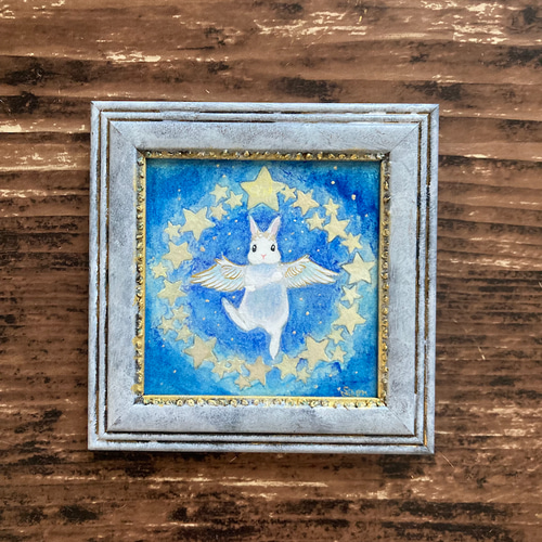 星の輪」 /日本画 原画 アンティーク インテリアアート うさぎ 星 絵