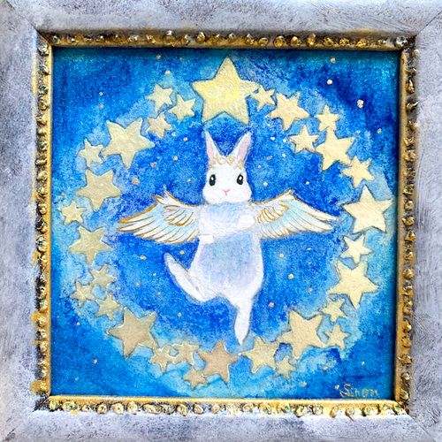 星の輪」 /日本画 原画 アンティーク インテリアアート うさぎ 星 絵