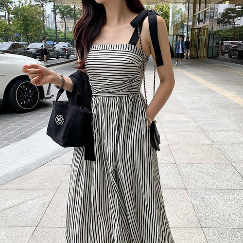 ワンピース ストライプ ボーダー リボン ショルダー お洒落 マキシ  
