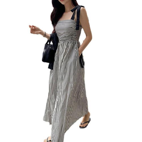 ワンピース ストライプ ボーダー リボン ショルダー お洒落 マキシ  