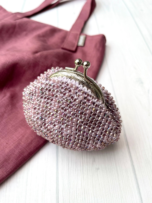 ビーズがま口＊くすみピンク×薄紫糸 /小銭入れ/ミニ財布/ミニポーチ  