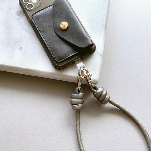 スマホストラップ】レザーコードハンドストラップ（シマーブラック