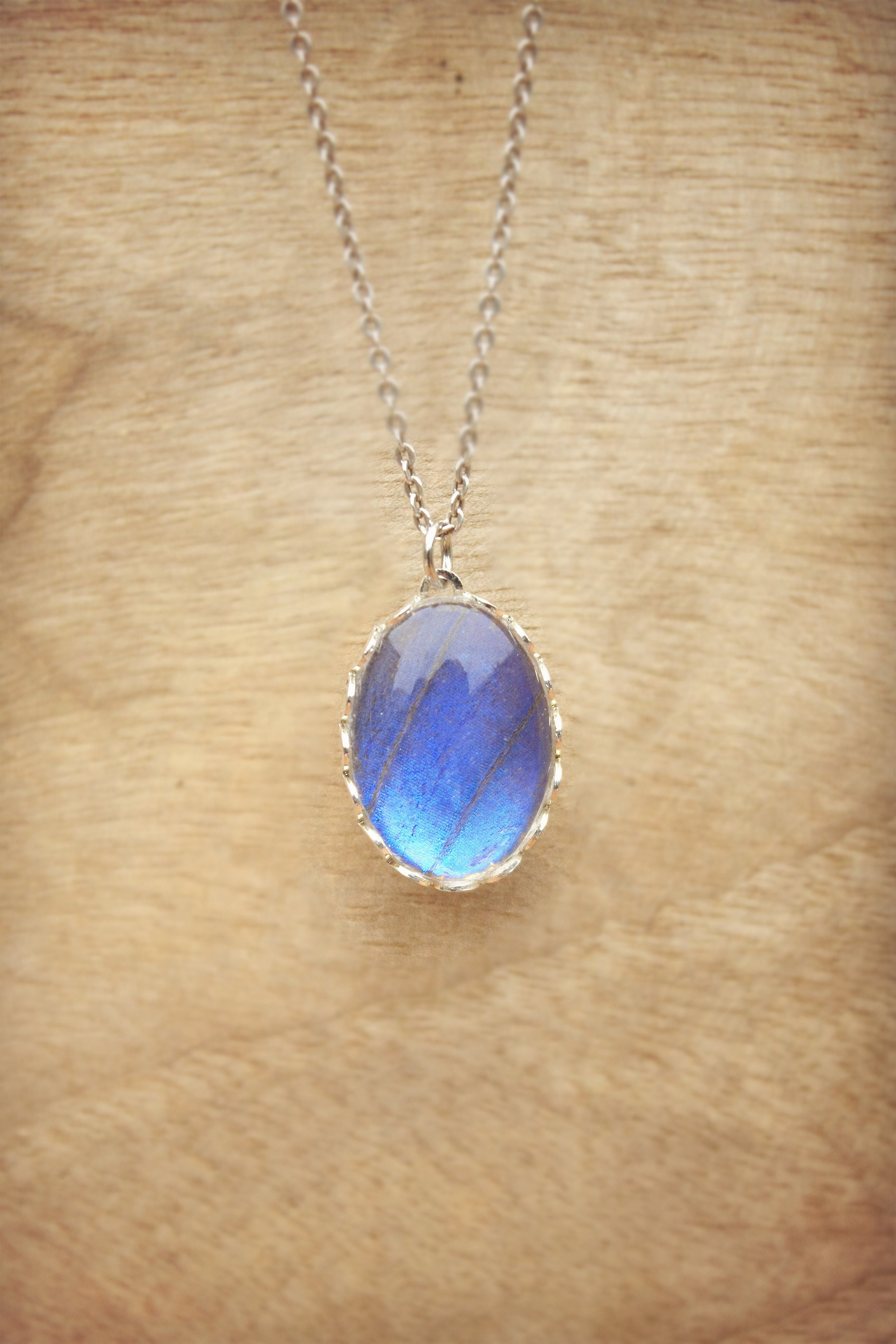 モルフォ蝶ペンダント 楕円形 シルバーネックレス男女兼用ネックレス　ハンドメイドアクセサリー