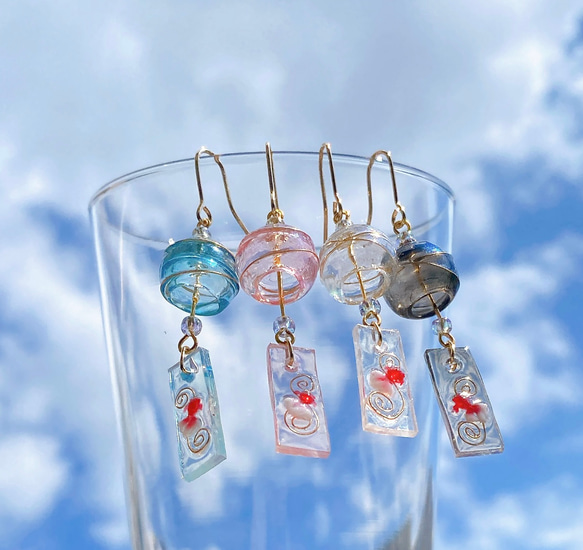 金魚風鈴ピアス レジン ハンドメイド 片耳用 流水紋 和風
