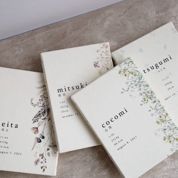 キャンバス命名書flower  ネームボード　キャンバスボード　お七夜　出産祝い　お食い初め　ニューボーンフォト　 1枚目の画像