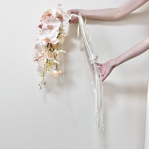 ●パール　ウェディングブーケ　アーティフィシャルフラワー　リボン　胡蝶蘭　造花 ○パール ウェディングブーケ アーティフィシャルフラワー