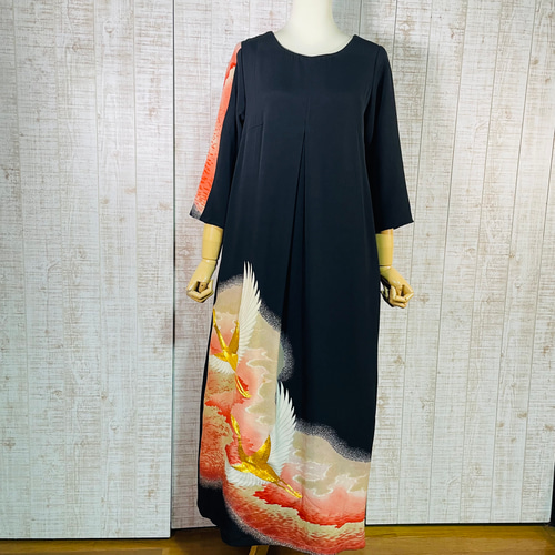 夕日に鶴刺繍正絹黒留袖ワンピースM～L＆ギャザーストール