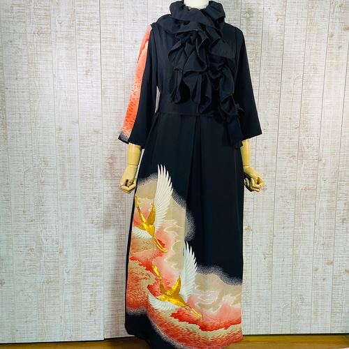 夕日に鶴刺繍正絹黒留袖ワンピースM～L＆ギャザーストール  