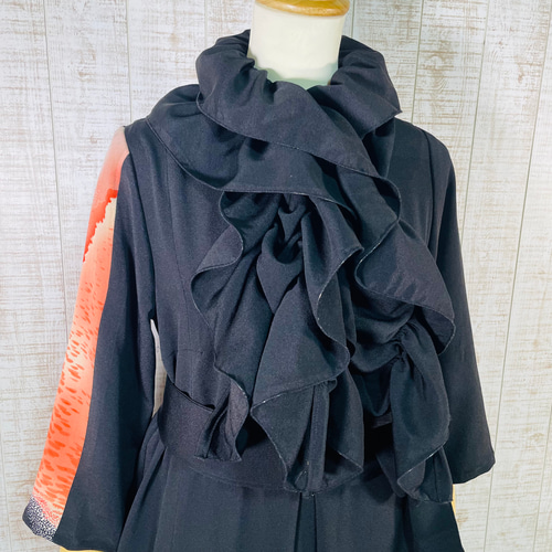 黒留袖 鶴と風景の刺繍のワンピース 鶴・松刺繍＆箔置き正絹金彩黒留袖ワンピースM～L＆ギャザー