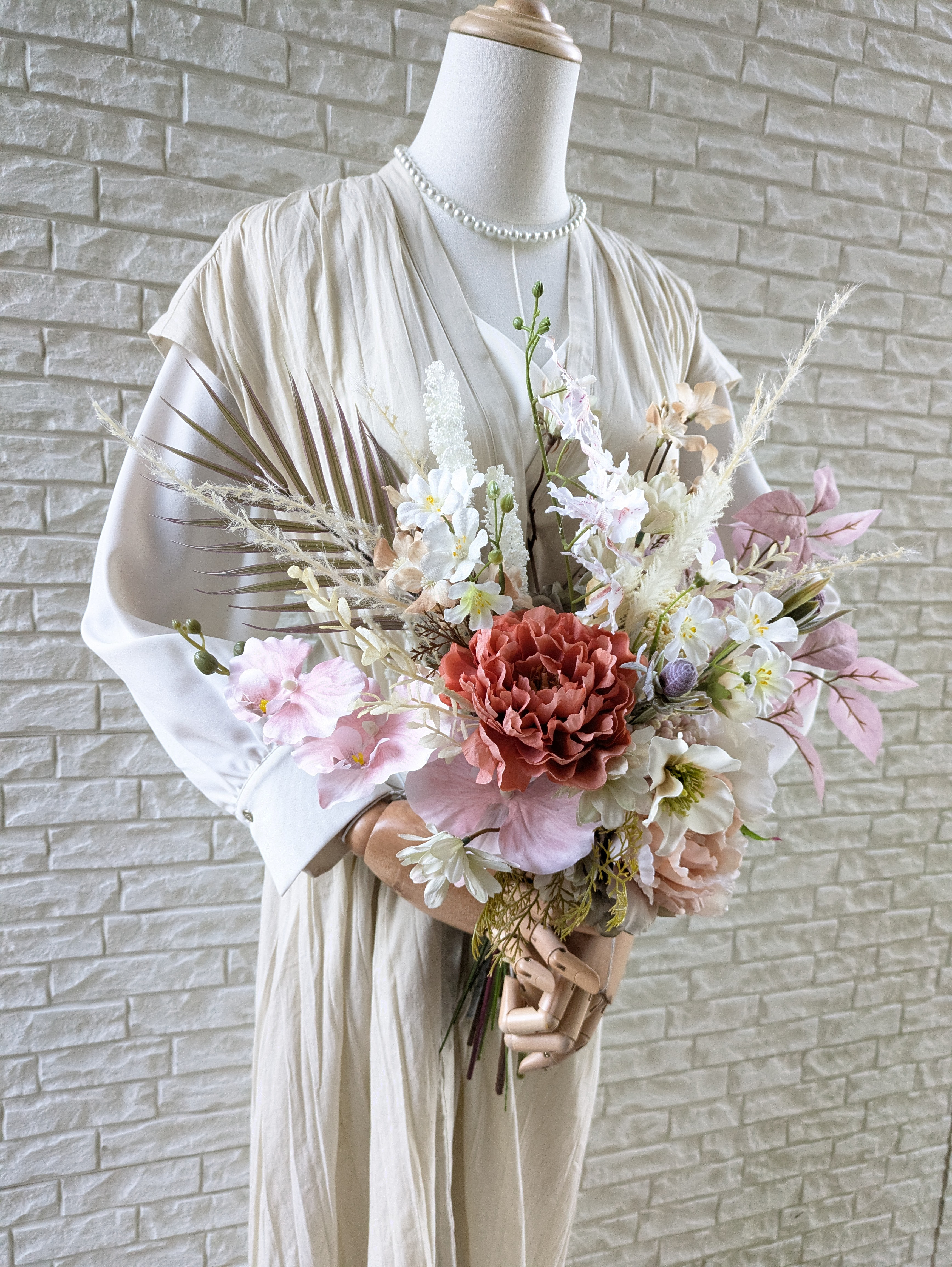 ヘッドピース付き3点セット　ブライダルブーケ　ウェディングブーケ　アーティフィシャルフラワーブーケ　和装用ブーケ