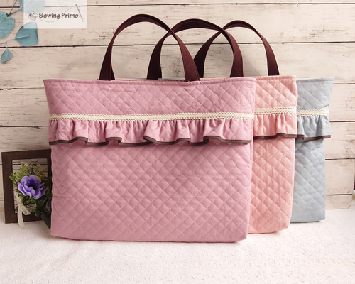 くすみカラー フリルがかわいいレッスンバッグ/手提げバッグ/お稽古