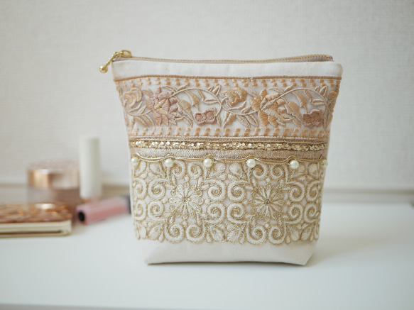 リップポーチ ポーチ ミニポーチ インド刺繍 リボン ピンク 927-1