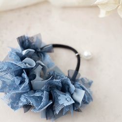 ヘアゴム＊ハーフシュシュ◇ブルーグレー◯パール付き ヘアゴム Lilas