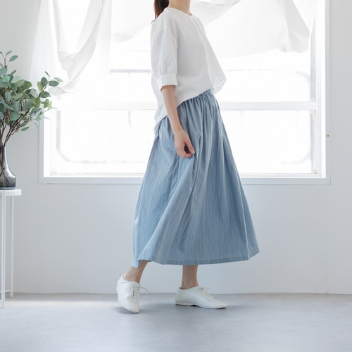ふんわり柔らかダブルガーゼのギャザースカート/くすみブルー ロング